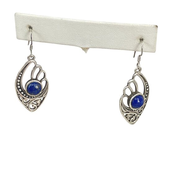 Sterling Silver Lapis Gemstone Dangle Earrings With Intricate Filigree Design Bo - Picture 6 of 10
